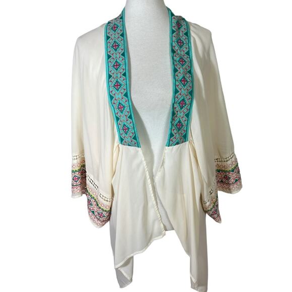 A.PEACH Cream Chiffon Embroidered Boho Festival Southwest Kimono Size S - Picture 1 of 6